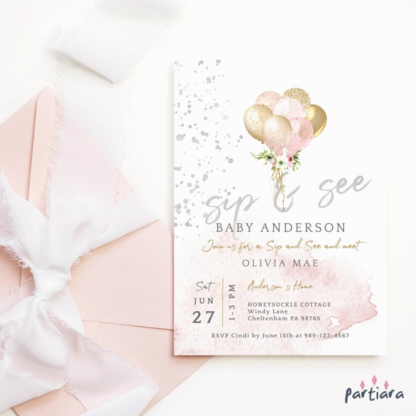 Sip and See Invite Girl New Baby Invitations Printable Blush Pink Silver Balloons Editable Tea Cocktail Party Template Digital Download P344