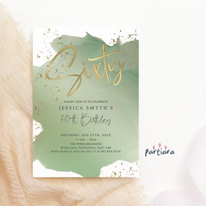 60th Birthday Invite Template, Ladies Sixty Dinner Party Invitation Printable, Modern Minimalist Sage Green Gold Digital Download P629