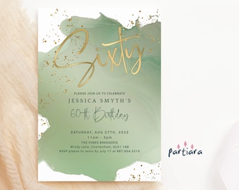60th Birthday Invite Template, Ladies Sixty Dinner Party Invitation Printable, Modern Minimalist Sage Green Gold Digital Download P629