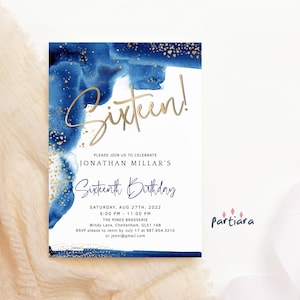 Modèle d'Invitation pour 16e anniversaire, garçons ayant seize ans, invitation imprimable, carte d'invitation en or bleu marine, téléchargement numérique modifiable P260