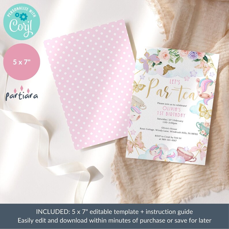 Unicorn Birthday Tea Party Invite 1st Birthday Invitation Printable Pastel Girls Floral Butterfly Theme Pink Lilac Gold Decor Editable P634 image 6
