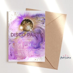 Disco Party Invitation, Girls Birthday Disco Invite Digital Download, Disco Ball Pink Purple Gold Decor Printable Editable Template P242