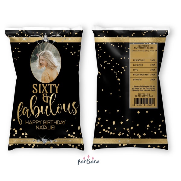 Black Gold Chip Bag Editable Adult Birthday Favors Photo Chip Bag Labels Printable DIY Glitter Sixty and Fabulous Party Decor Download P268