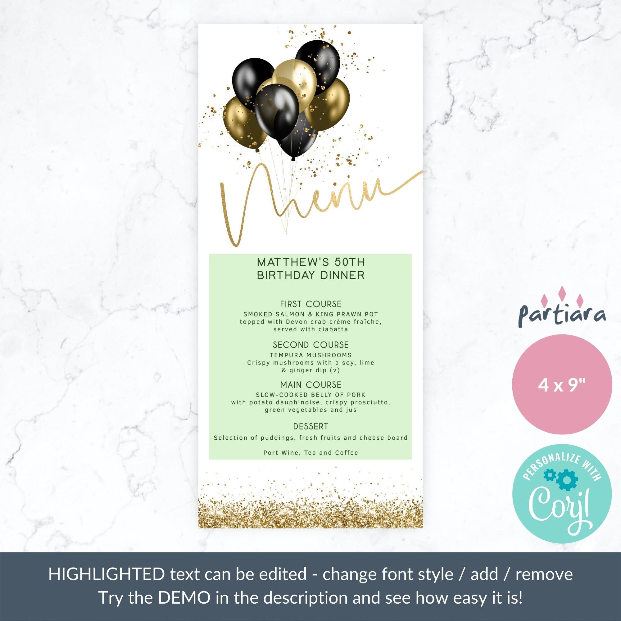 Black Gold Birthday Menu Card Editable Template Men Or Ladies Black Gold Birthday Menu Card Editable Template Men Or Ladies