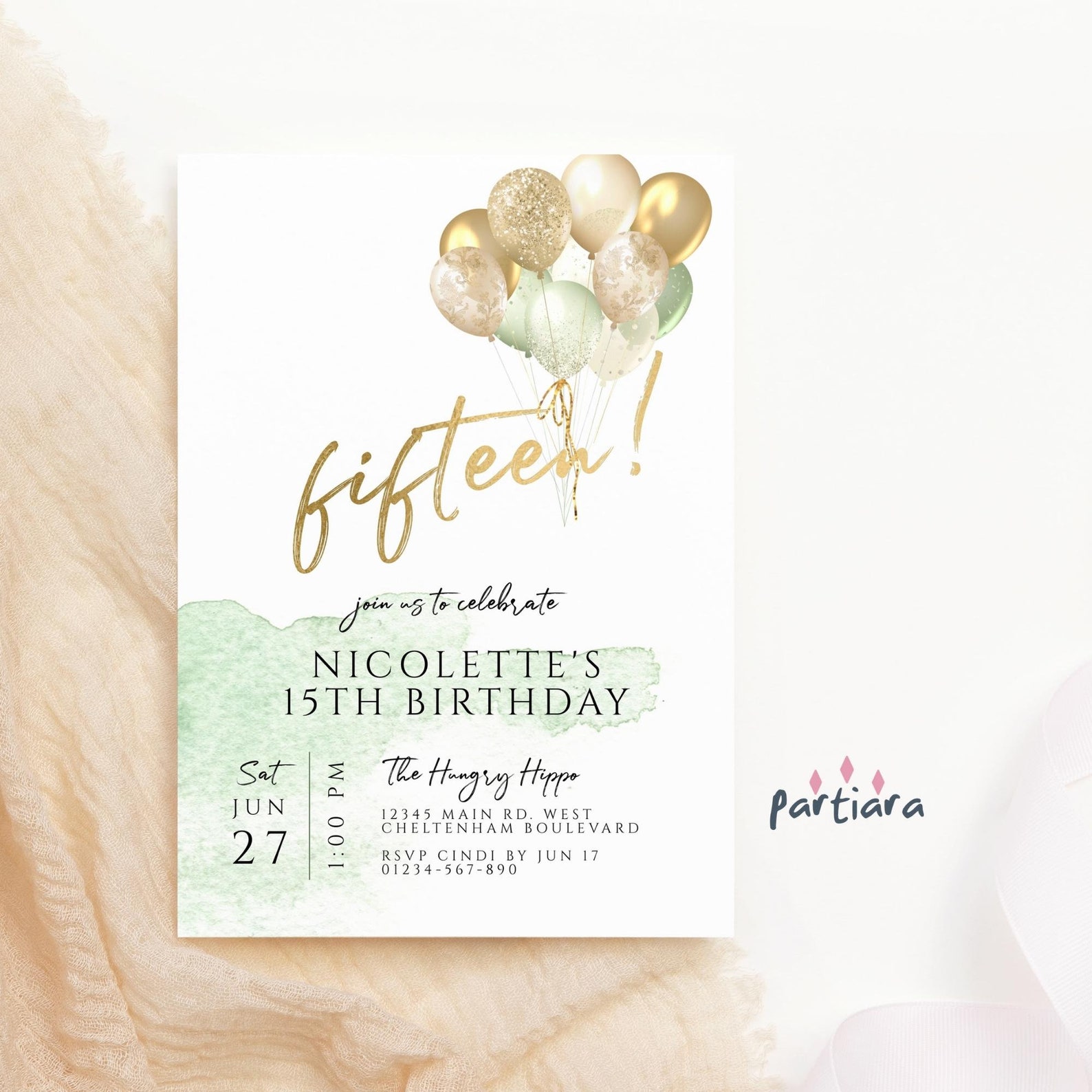 Girl 15th Birthday Invitation Printable Mint Green Gold - Etsy Singapore