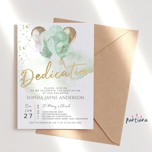 Editable Dedication Invite Boy Girl Dedication and 1st Birthday Balloons Invitation Printable Sage Mint Green Gold Decor Download P232