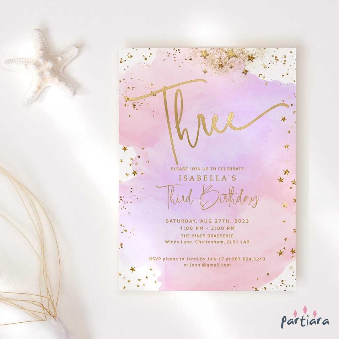 Pink 3rd Birthday Invitation Digital Download, Pastel Purple 3 Birthday ...