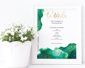 Emerald Green Details Sign, Birthday Dinner Itinerary Table Poster Printable, ladies Events Decor Editable Template Digital Download P257