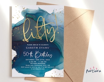 Teal 50th Birthday Invitation Digital Download Blue Gold Fiftieth Party Invites Editable Him or Her Green Surprise Invite Printable P132