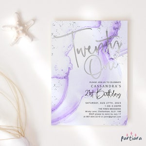 21st Birthday Invitation Purple, Silver Lilac 21st Party Invite Printable, Ladies Dinner Dance Cards, Editable Digital Download P300