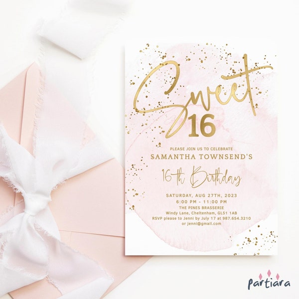 Sweet 16 Birthday Invite Girls 16th Party Invitations Printable Blush Pink and Gold Confetti Disco Dinner Invites Editable Download P249