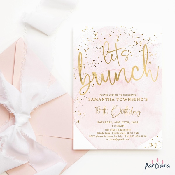 Birthday Brunch Invitation Printable Let's Brunch Baby or Bridal Shower Party Invite Editable Template Pastel Blush Pink Gold P249 P132