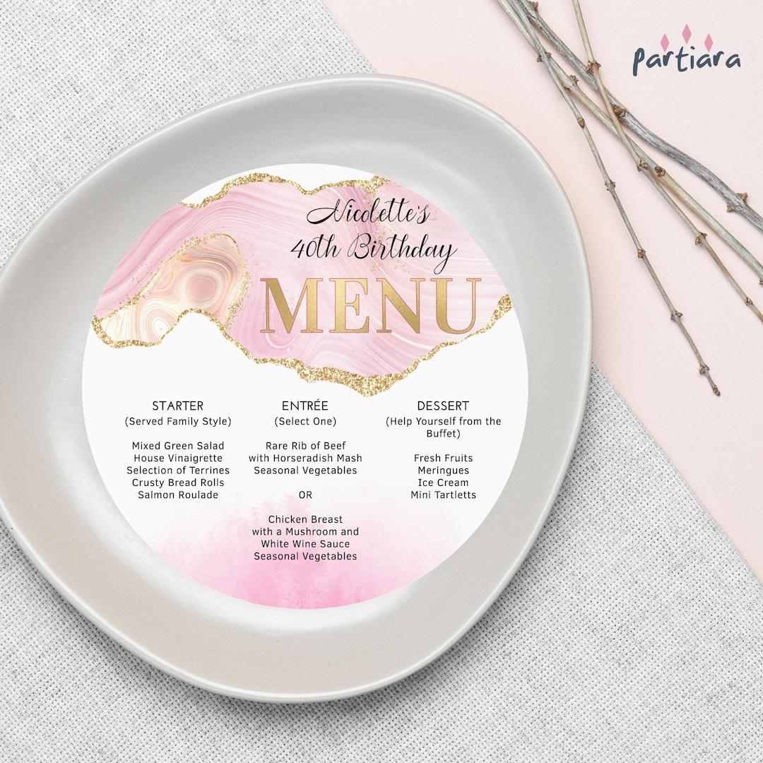 Pink Agate Menu Charger Template, Ladies Birthday Dinner Party Menus ...