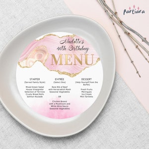 Pink Menu Plate Insert Template, Girls Charger Menus Printable, Pastel Agate Ladies Round Menus, Editable Digital Download P488