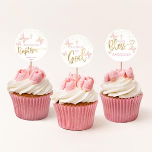 Taufe Cupcake Toppers Schmetterling 1. Geburtstag und Taufe Party Kuchen Mädchen Dekor Printable, Pastell Rosa Bearbeitbare Vorlage Download P293
