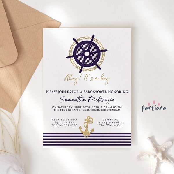 Nautical Ahoy It's a Boy Baby Shower Invitation Printable Navy Blue Gold Anchor Striped Summer Sailing Party Invite Editable Template P17