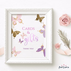 Letrero de regalo con forma de mariposa para mesa, decoración para baby shower, imprimible, póster de tarjetas y regalos en color lila y rosa para niñas, plantilla editable P345