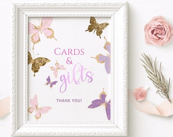Butterfly Gift Table Sign Baby Shower Decor Printable, Girls Pink Lilac Cards and Gifts Poster Editable Template P345