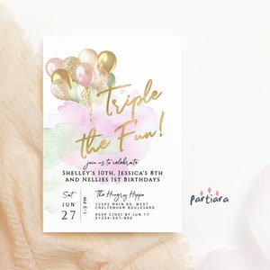 Invito per sorelle femmine, invito per festa tripla stampabile, decorazione con palloncini rosa cipria verde menta oro, download modificabile P409