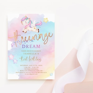 Unicorn Threenage Dream Invite, inviti per il terzo compleanno, inviti per feste arcobaleno pastello stampabili, modello di download digitale modificabile P179