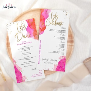 Programme de menus rose orange imprimable permet de célébrer un anniversaire menus de plats et de boissons pour dames roses vifs or décoration de table modifiable téléchargement P200