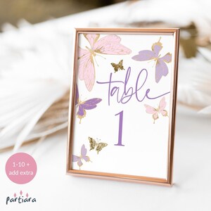 Números de mesa con mariposas, decoración de mesas para baby shower imprimible, asientos para bautizo o bautismo de niña, color rosa ruborizado y lila, descarga editable P345