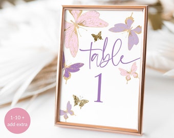 Butterfly Party Table Numbers Printable Teen Girls Birthday Dinner Tables Decor Editable Set Blush Pink Lilac Purple Gold Download P8 P345