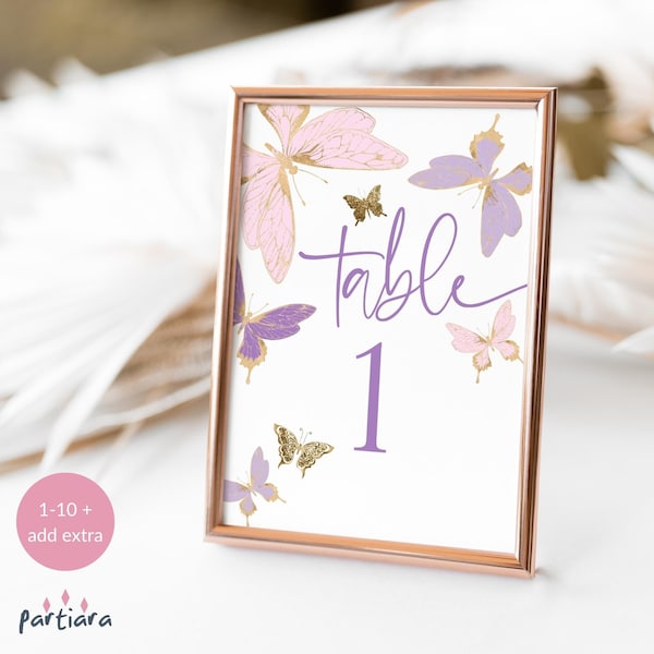 Butterfly Party Table Numbers Printable Teen Girls Birthday Dinner Tables Decor Editable Set Blush Pink Lilac Purple Gold Download P8 P345