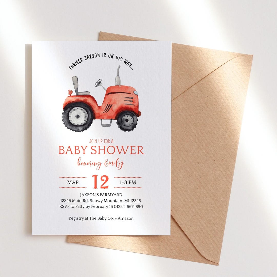 Tractor Baby Shower Invite Template, Boys Little Farmer Invitation ...