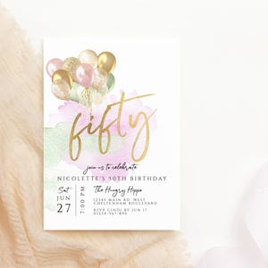 50th Birthday Invitation Pink Green Party Invite Printable for Ladies, Brunch Lunch or Dinner Event, Editable Digital Template Download P409