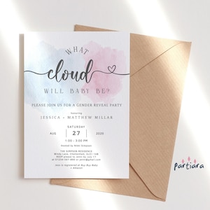 Invitación para revelar el género del bebé: ¿qué nube podría ser?, invitación con nubes pastel, tarjeta de fiesta para niño y niña, descarga digital editable P16