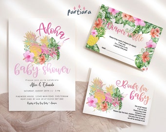 Editable Aloha Baby Invite Template Girl Tropical Baby Shower Party Invitation Bundle Set + Inserts Pink Gold Floral Printable Download P47