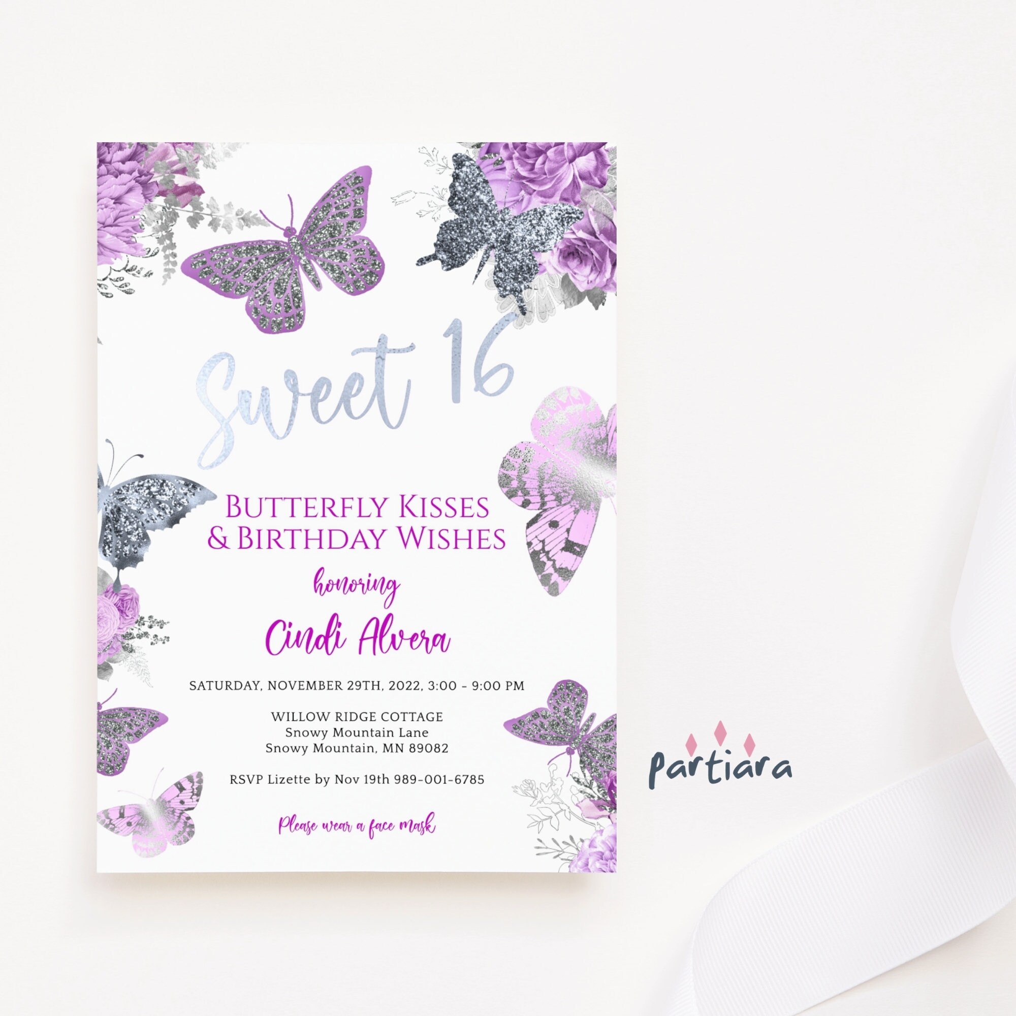 Lilac Silver Butterflies Sweet 16 Invitation 16th Birthday Etsy