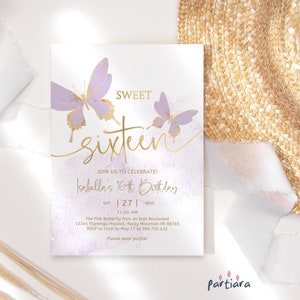 Sweet Sixteen Birthday Invite Butterfly Printable Girl's 16th Dinner Party Invitations Lilac Purple Gold Butterflies Decor Download P438