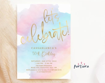Ladies Birthday Invitation Template: Rainbow Lets Celebrate Brunch Party Printable Digital Download P179