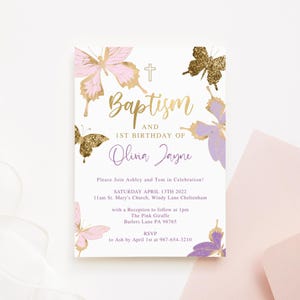 Invitación de bautismo con mariposas para fiesta de primer cumpleaños de niñas, tarjeta de bautismo y cumpleaños, plantilla imprimible, editable y descargable digital P345