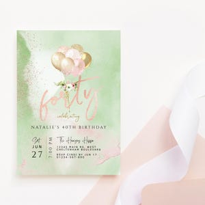 Modello di invito modificabile per il 40° compleanno, invito stampabile per festa in oro rosa per donne, biglietto rosa menta verde, download digitale modificabile P382
