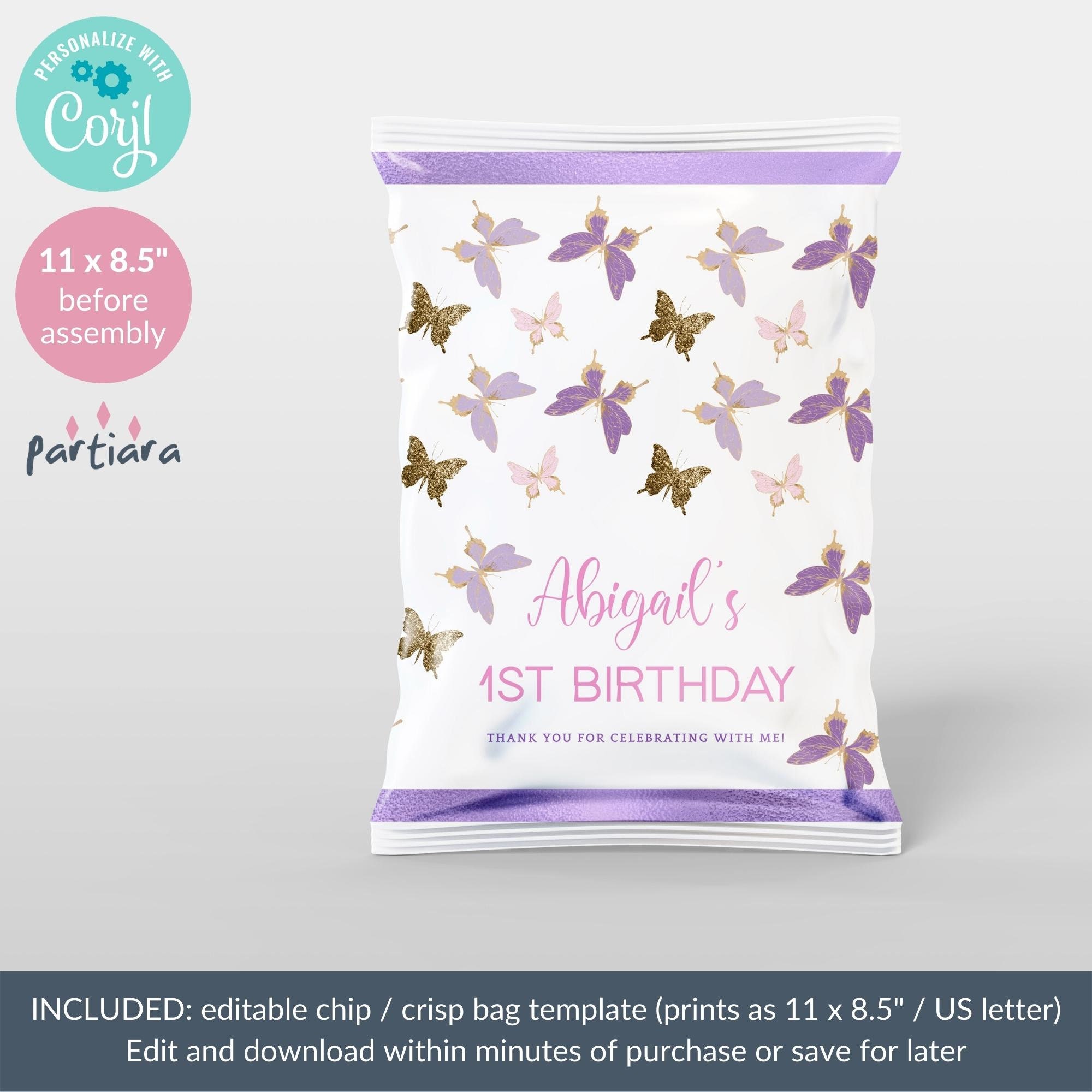 Butterfly Chip Bag DIY Printable Editable Template Girl 1st Etsy UK