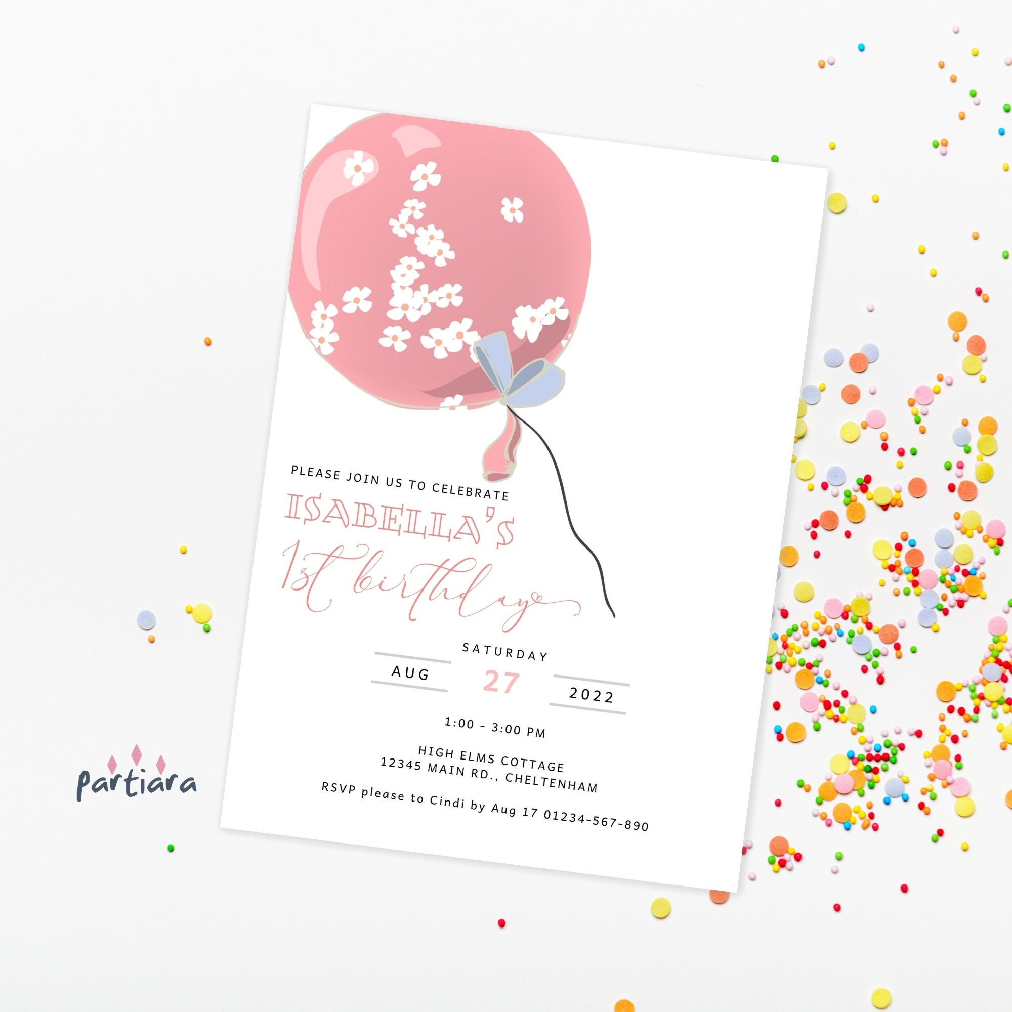 Pink Balloon Birthday Invitation Instant Download Editable 1st | Etsy