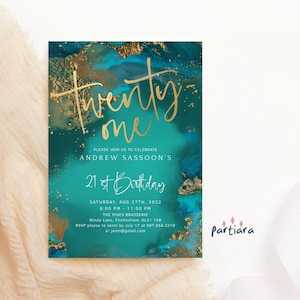 Modelo de convite de aniversário de 21 anos esmeralda, convite para jantar de meninas de 21 anos para impressão, decoração verde dourada, download digital editável P308