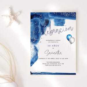 Spanish Birthday Invitation, Men or Ladies Dinner Party Invite Printable, Royal Blue Silver Balloons Decor, Editable Digital Download P237