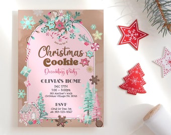 Puede incluir: Invitación a una fiesta de decoración de galletas navideñas con un diseño rosa y dorado. La invitación incluye galletas de jengibre, copos de nieve y árboles de Navidad. La invitación es para Olivia el 17 de diciembre.