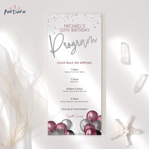 Mens Birthday Program Template, Dinner Party Table Programs Printable, Maroon Silver Events Decor, Editable Digital Download P792