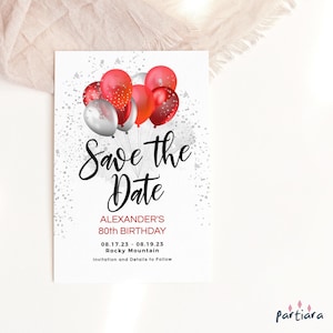 Tarjeta para guardar la fecha, plantilla para guardar la fecha de cumpleaños, tarjetas imprimibles para cenas de damas, globos rojos y plateados, editables P707