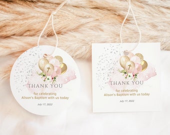 Pink Gold Baptism Thank You Gift Tag Girl Printable Blush Gold Silver Balloons Party Favors Gift Label Editable Template P344 P10