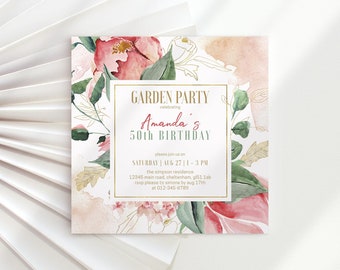 Ladies Birthday Garden Party Invite Printable Peach Blush Pink Floral Gold Brunch Invitation Elegant Square Editable Template Download P653