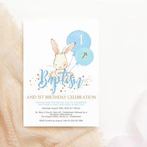 Baptism Invitation Bunny, Boys Baptism and 1st Birthday Party Invite Printable, Blue Rabbit Balloon Card, Editable Digital Download P740