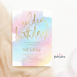 Gouden verjaardagsuitnodiging meisjes, pastel regenboog gouden feestuitnodiging sjabloon, dames bewerkbare digitale downloadkaart P179