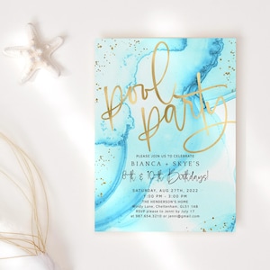 Sky Blue Pool Party Invitation Printable Birthday Swimming BBQ Invite for Sibling Boys or Girls Summer Fun Editable Template P132 P296
