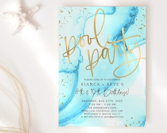 Sky Blue Pool Party Invitation Printable Birthday Swimming BBQ Invite for Sibling Boys or Girls Summer Fun Editable Template P132 P296
